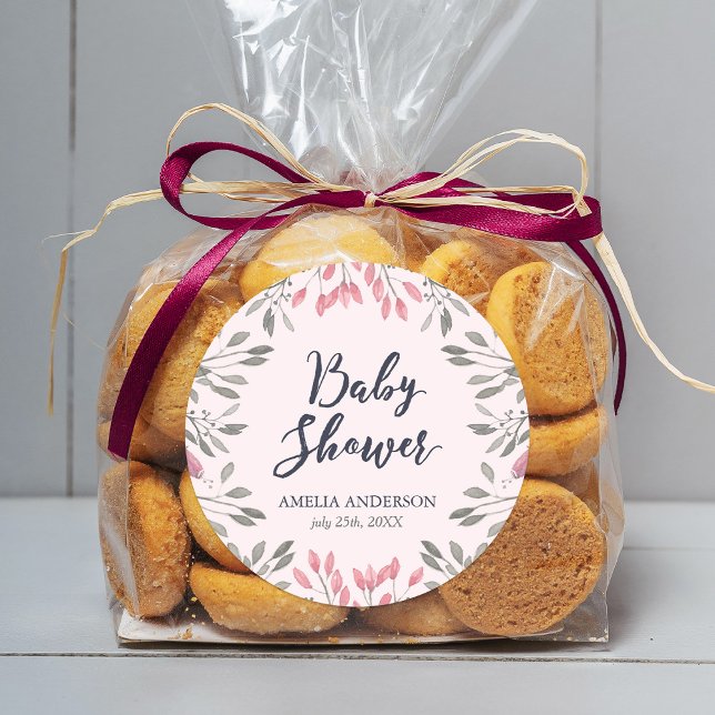 Adesivo Redondo Chá de fraldas Floral de Rosas Rosa Elegante (Criador carregado)