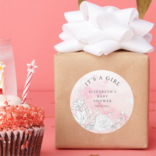 Adesivo Redondo chá de fraldas floral moderno é uma garota (Festa)