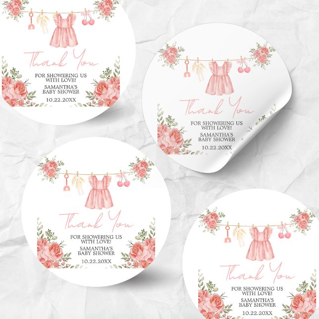 Adesivo Redondo Chá de fraldas Floral Rosa Boho (Sweet Little Girl Boho Floral Clothesline Baby Shower Sticker)