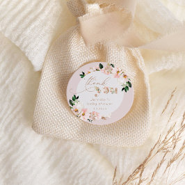 Adesivo Redondo Chá de fraldas floral rosa brilhante obrigado