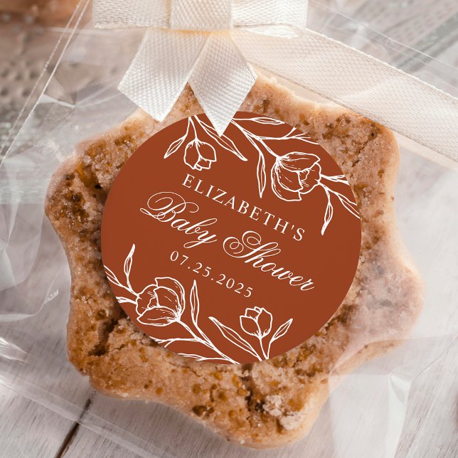 Adesivo Redondo Chá de fraldas Floral Terracotta esboçado (Criador carregado)