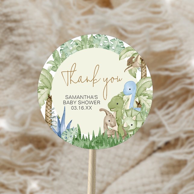 Adesivo Redondo Chá de fraldas Greenery Dinossaur (Greenery Dinosaur Baby Shower Sticker)