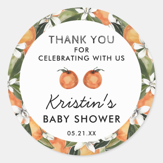 Adesivo Redondo Chá de fraldas Laranja Cutie Twins Obrigado (Frente)