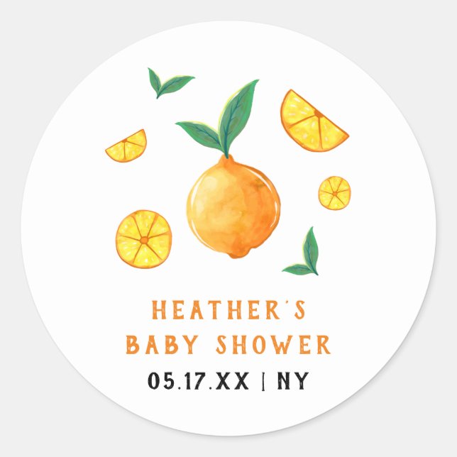 Adesivo Redondo Chá de fraldas Laranja de Citrus Modern Watercor (Frente)