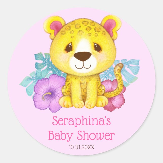 Adesivo Redondo Chá de fraldas Leopardo Rosa Menino (Frente)