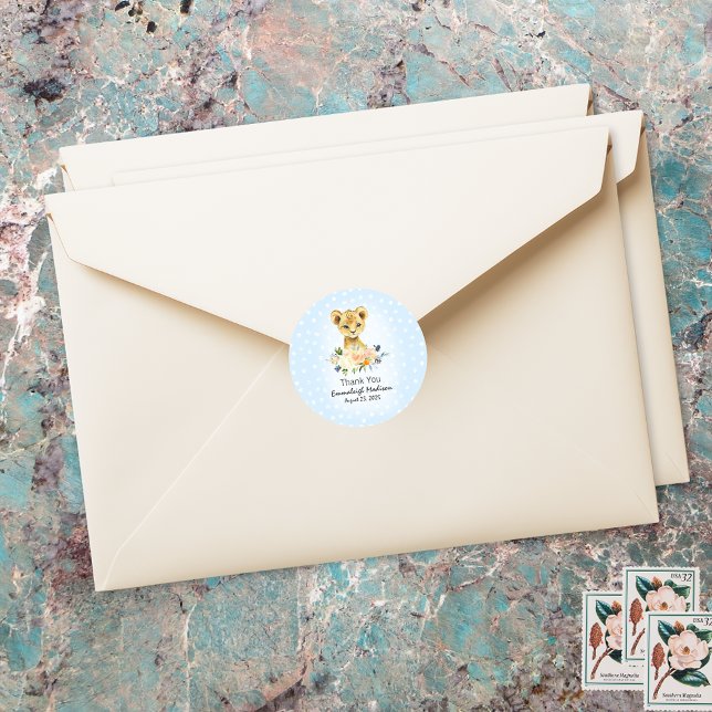 Adesivo Redondo Chá de fraldas Lion Cub Floral Blue Obrigado (Criador carregado)