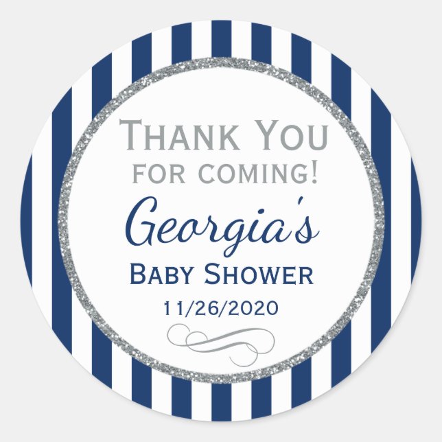 Adesivo Redondo Chá de fraldas marinho Azul Prateado Obrigado Marc (Frente)