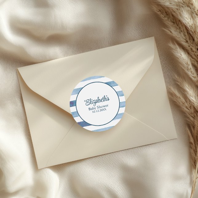 Adesivo Redondo Chá de fraldas marinho Blue Watercolor Striper  (Navy Blue Watercolor Stripes Baby Shower Classic Round Sticker on a wedding envelope.)