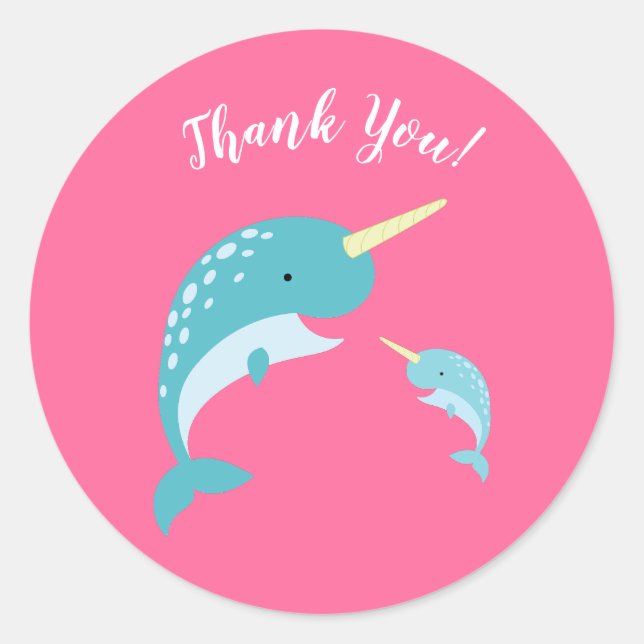 Adesivo Redondo Chá de fraldas Narwhal Rosa (Frente)