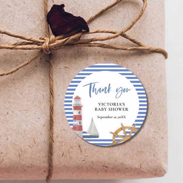 Adesivo Redondo Chá de fraldas Náutico Azul Obrigado (Criador carregado)