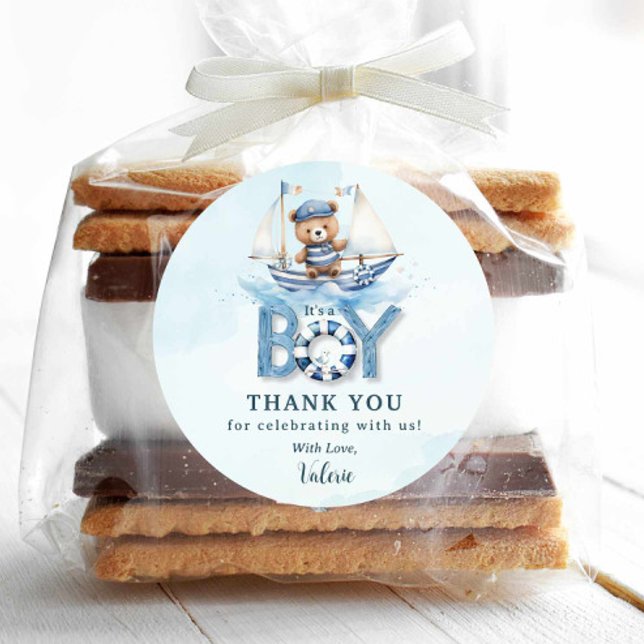 Adesivo Redondo Chá de fraldas Náutico Náutico De Barco Azul (Criador carregado)