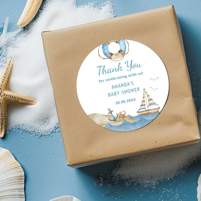 Adesivo Redondo Chá de fraldas Náutico Obrigado (Criador carregado)