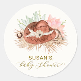 Adesivo Redondo Chá de fraldas Neutro Moderno de Boho Cactus Cowbo