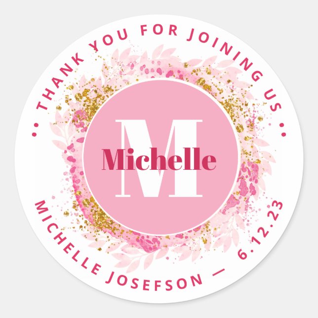 Adesivo Redondo Chá de fraldas Obrigado Monograma Aquarela (Frente)