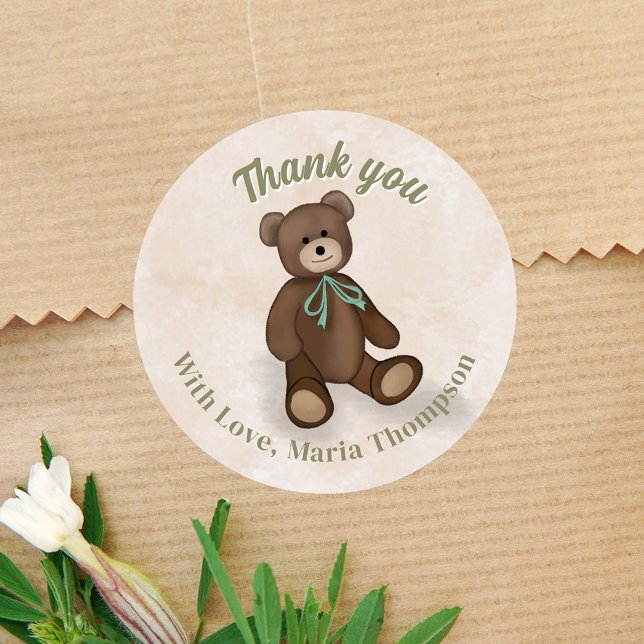 Adesivo Redondo Chá de fraldas Obrigado Urso Verde (Cute Vintage Style Baby Shower Stickers. )