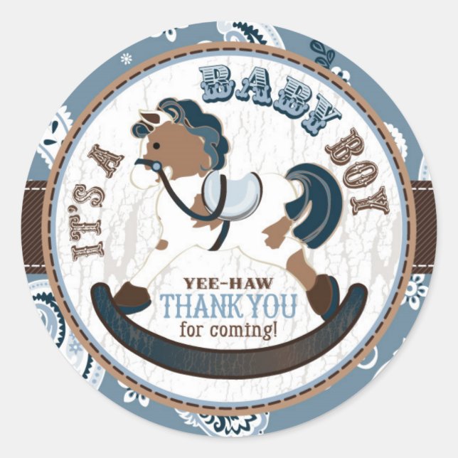 Adesivo Redondo Chá de fraldas Ocidental do Cavalo Rocking Cowboy (Frente)