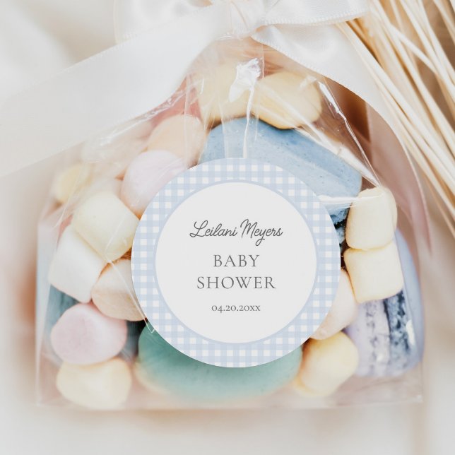 Adesivo Redondo Chá de fraldas Pale Blue Gingham Classic Boys (Criador carregado)