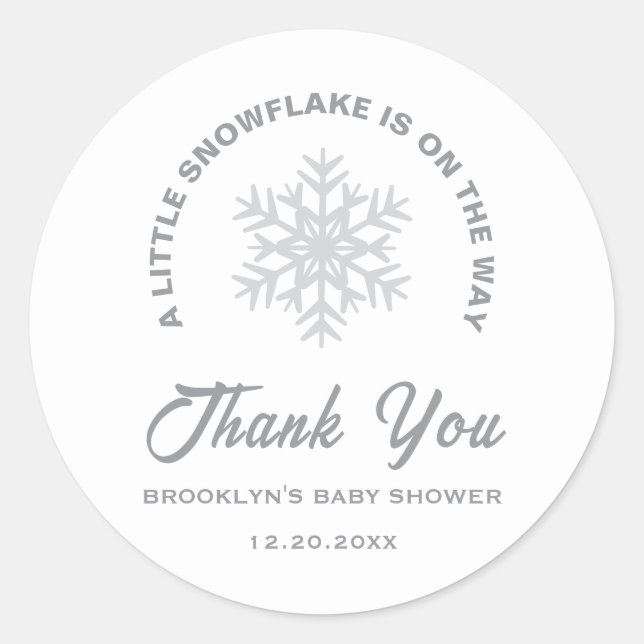Adesivo Redondo Chá de fraldas Pequeno Floco de Neve Inverno Sexo  (Frente)