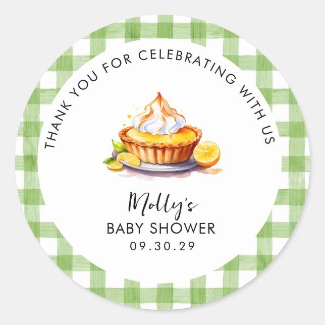 Adesivo Redondo Chá de fraldas Pequeno Pie Gingham, Obrigado (Frente)