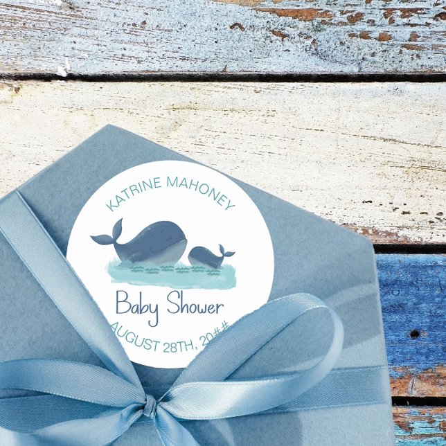 Adesivo Redondo Chá de fraldas Personalizado de Baleia Feliz (Whale baby shower stickers from my Happy Whale collection. Message if you need different items.)