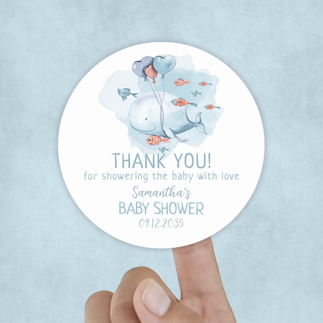 Adesivo Redondo Chá de fraldas Personalizado De Baleia Obrigado (Custom Whale Boy Baby Shower Thank You Classic Round Sticker
)