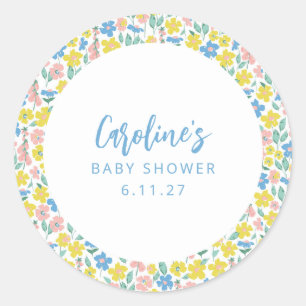 Adesivo Redondo Chá de fraldas Personalizado Floral Amarelo Amarel