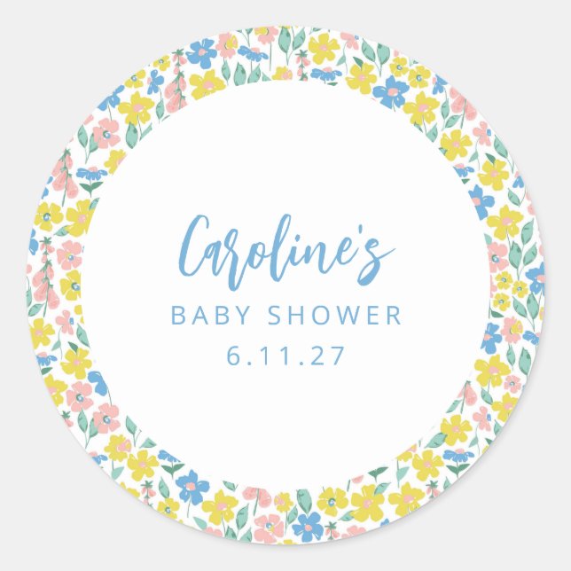 Adesivo Redondo Chá de fraldas Personalizado Floral Amarelo Amarel (Frente)