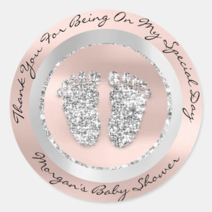 Adesivo Redondo Chá de fraldas Pés Menina Nome Obrigado Cinza Ro