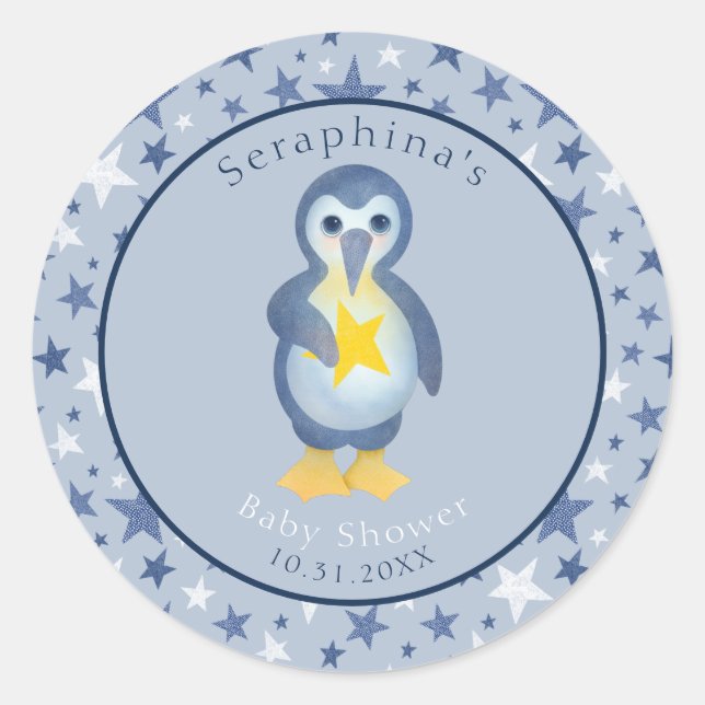 Adesivo Redondo Chá de fraldas Pinguim Cujo Bebê (Frente)