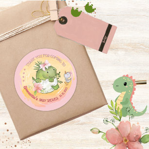 Adesivo Redondo Chá de fraldas Pink e Dino-Ducha Personalizado