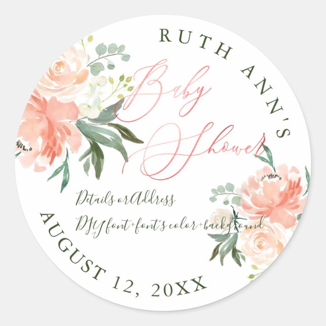 Adesivo Redondo Chá de fraldas PixDezines, Aquarela Floral, Peach (Frente)