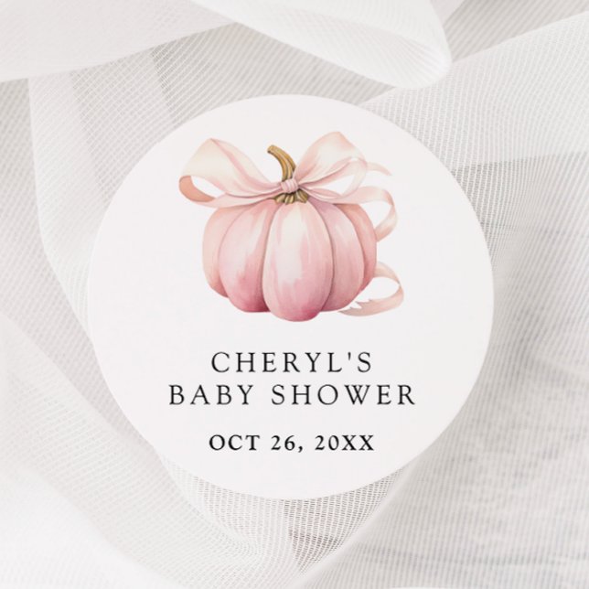 Adesivo Redondo Chá de fraldas Pumpkin de Aquarela de Arco Rosa (Criador carregado)