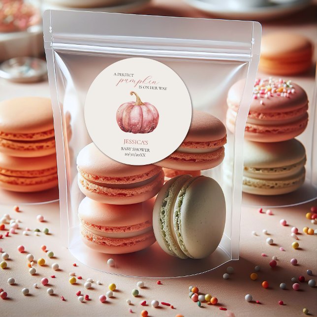 Adesivo Redondo Chá de fraldas Pumpkin de Aquarela Rosa (Pink Pumpkin Sticker)