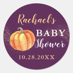 Adesivo Redondo Chá de fraldas Pumpkin Roxo da Glitter Dourada