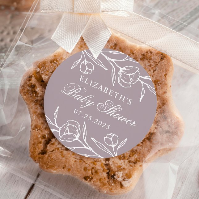 Adesivo Redondo Chá de fraldas Púrpura Floral Duplo Escrito (Criador carregado)