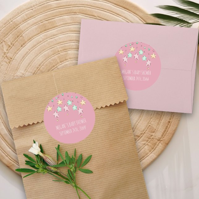 Adesivo Redondo Chá de fraldas Rosa Brilhante Pequeno Estrela Rosa (Pink Stickers from my Twinkle Twinkle baby shower collection)