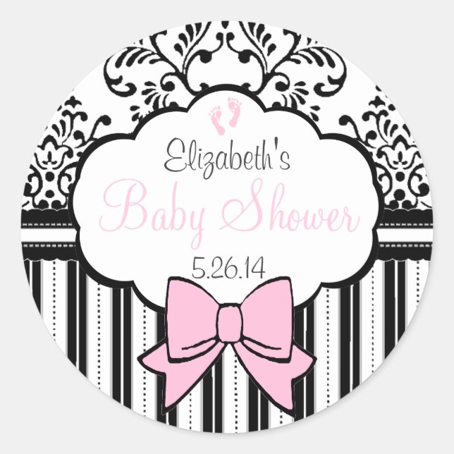 Adesivo Redondo Chá de fraldas rosa Damask (Frente)