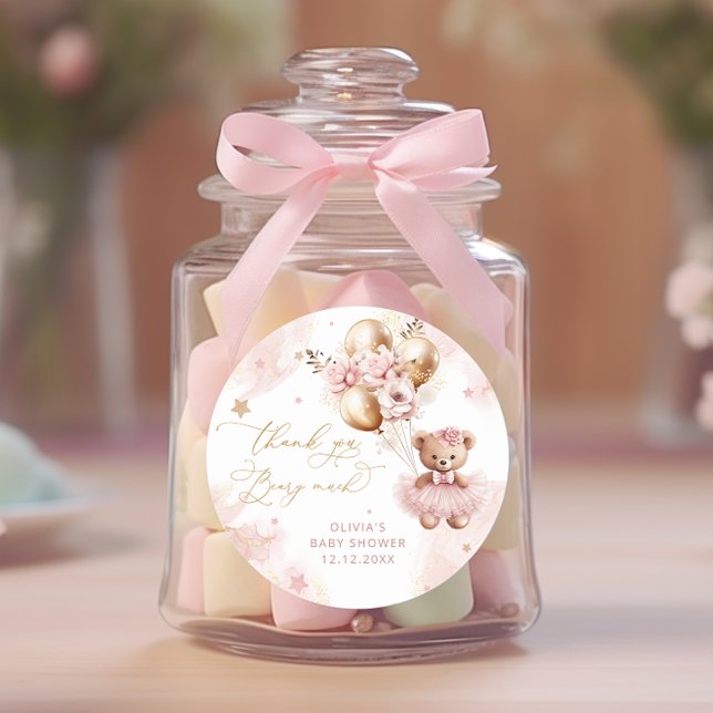 Adesivo Redondo Chá de fraldas rosa de espera do balão do urso de  (Criador carregado)