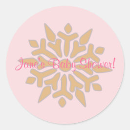 Adesivo Redondo Chá de fraldas rosa e Dourado com floco de neve
