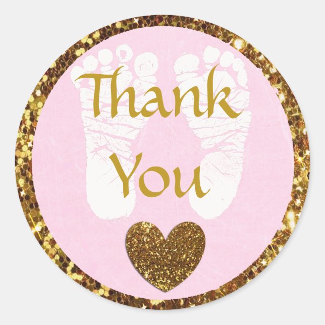 Adesivo Redondo Chá de fraldas rosa e Dourado Obrigado Sticker (Frente)