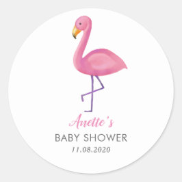 Adesivo Redondo Chá de fraldas Rosa Flamingo Moderno Obrigado