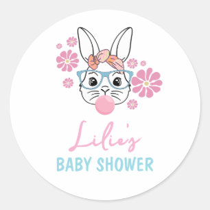 Adesivo Redondo Chá de fraldas Rosa Floral Bunny Girl personalizad