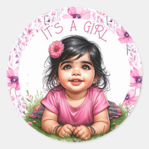 Adesivo Redondo Chá de fraldas Rosa Floral da Menina   É uma garot