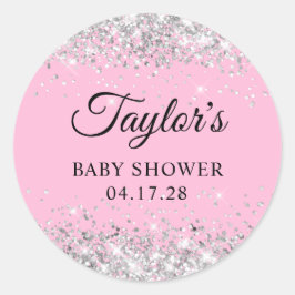 Adesivo Redondo Chá de fraldas Rosa Glitor de Prata