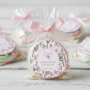 Adesivo Redondo Chá de fraldas Rosa Muito Obrigado, Vinheta