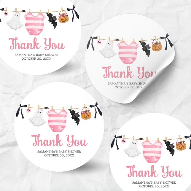 Adesivo Redondo Chá de fraldas Rosa Pequeno (Girl Little Boo Halloween Clothesline Baby Shower Sticker)