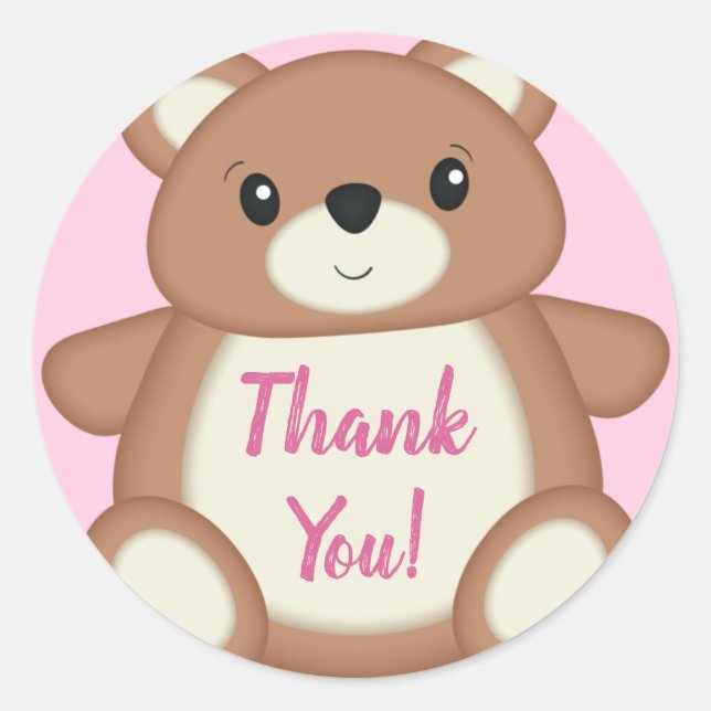 Adesivo Redondo Chá de fraldas Rosa Teddy Bear Obrigado (Frente)