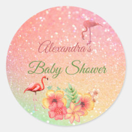 Adesivo Redondo Chá de fraldas Rosa Tropical Flamingo Glitter