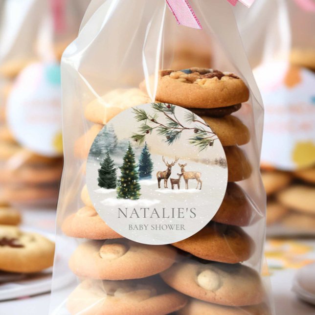 Adesivo Redondo Chá de fraldas Russo da Floresta de Inverno (Winter Forest Gender Neutral Baby Shower Stickers
)