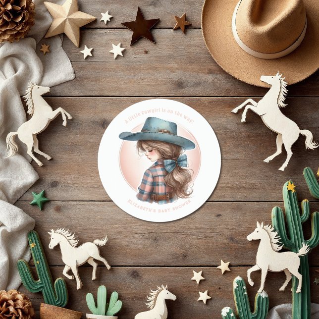 Adesivo Redondo Chá de fraldas Russo de Garotinha Ocidental (Rustic Western Little Cowgirl Baby Shower Classic Round Sticker)
